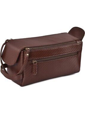 Men's Carbon Brown Genuine Leather Travel Toiletry Bag Water Resistant Bag